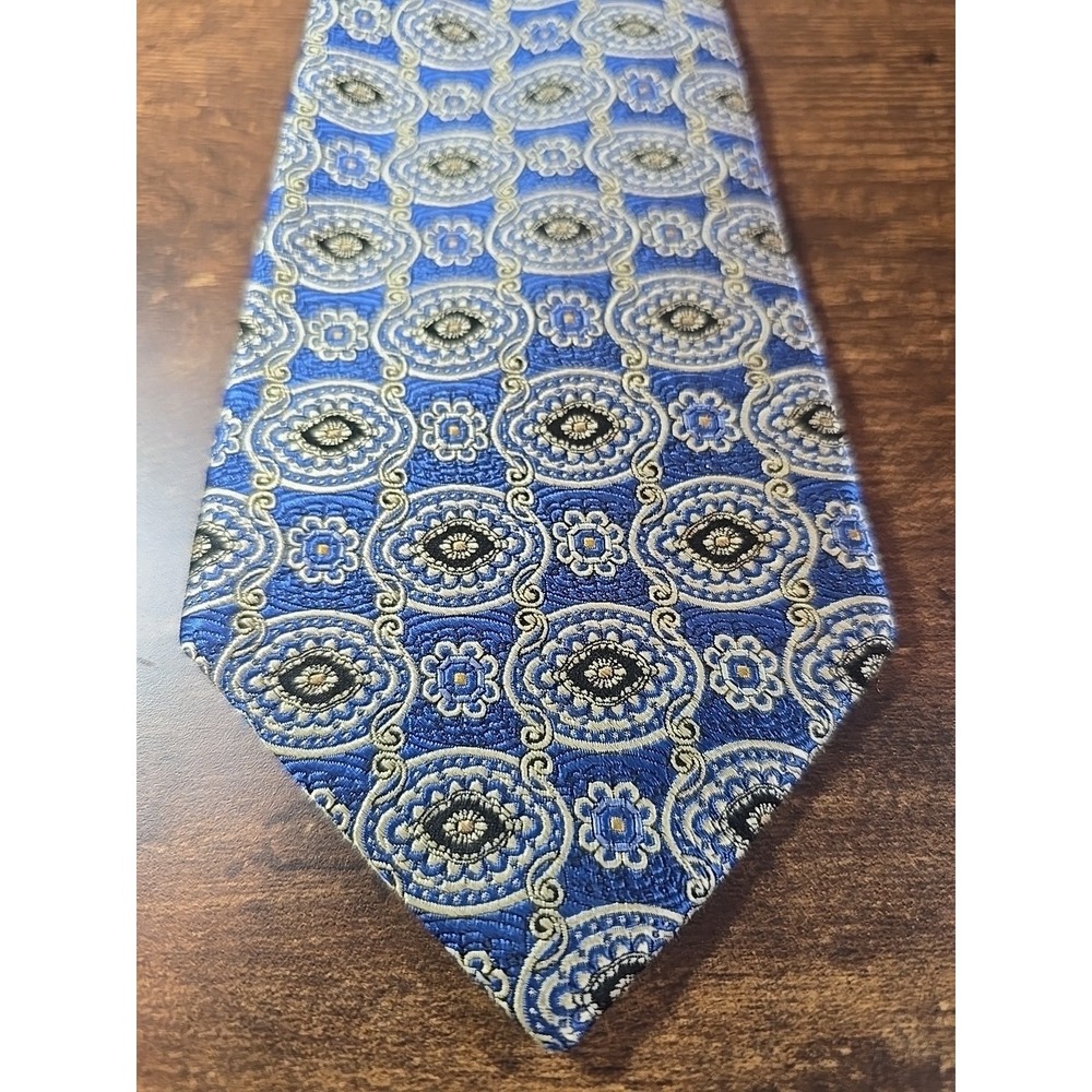 Bruno Piattelli Mens Tie Silk Designer Geometric Handmade Jacquard Blue & Gold
